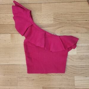 New Express Body Contour Ruffle One Shoulder Crop Sweater Tank Sz XS Womens Pink